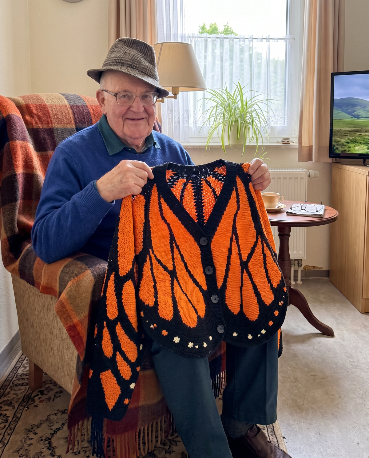 Hermann zeigt seinen orangefarbenen Schmetterlings-Cardigan an seinem Häkelplatz